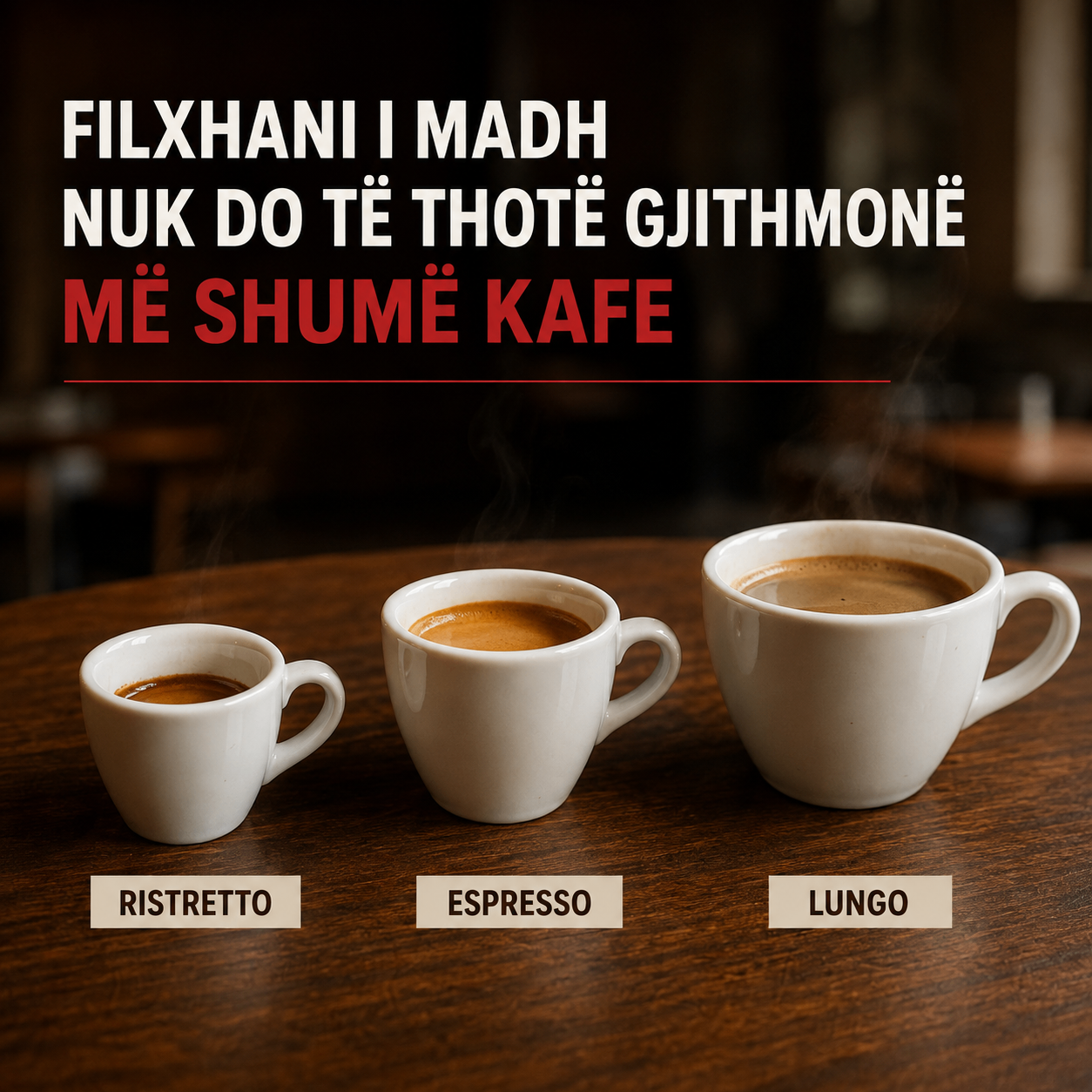 Tre filxhanë me ristretto, espresso dhe lungo që tregojnë se filxhani i madh nuk do të thotë gjithmonë më shumë kafe.