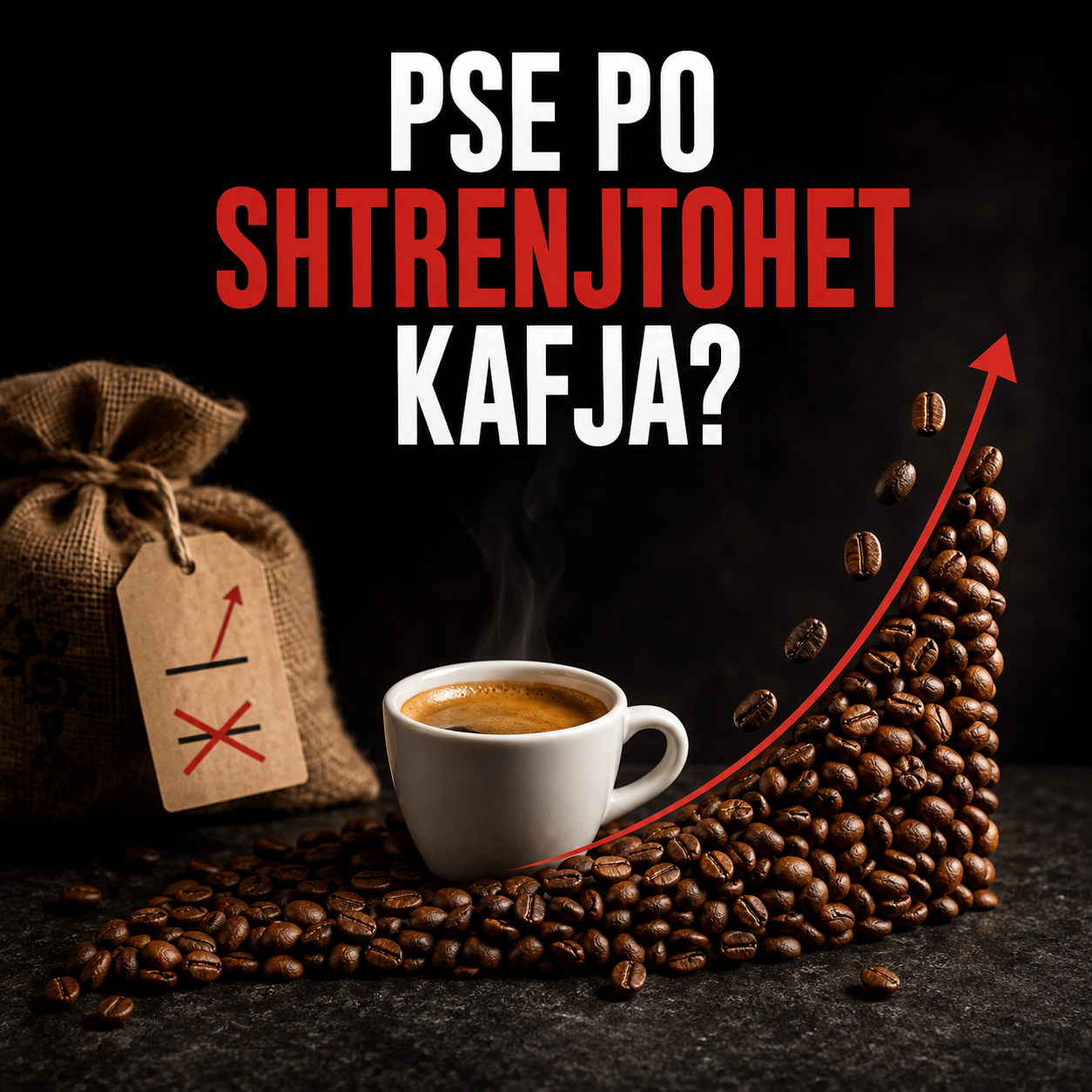 Filxhan espresso me kokrra kafeje që formojnë një grafik në rritje dhe tekstin “Pse po shtrenjtohet kafja?”