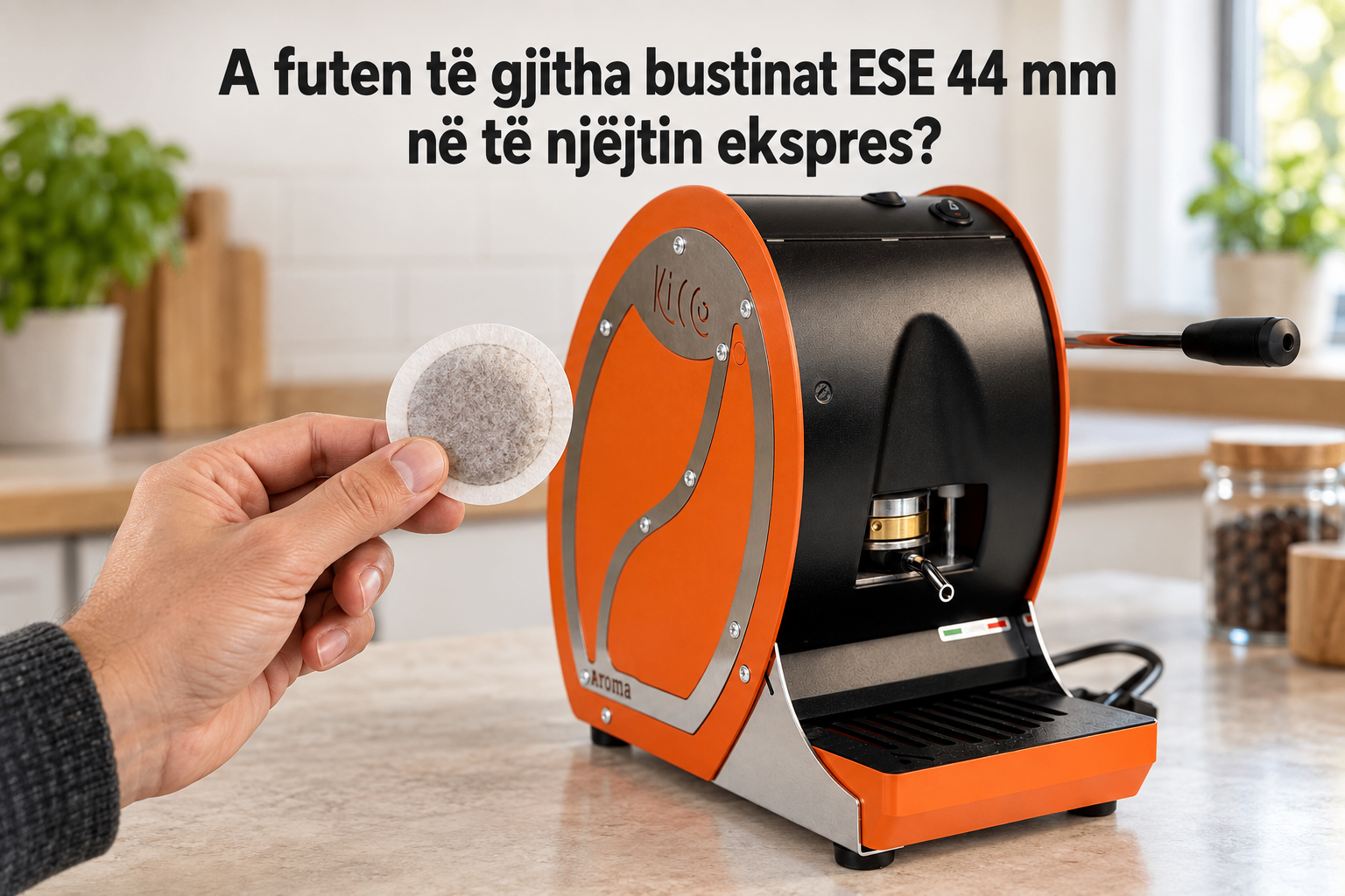 Dorë që mban bustinë kafeje ESE 44 mm pranë ekspresit Aroma Kicco